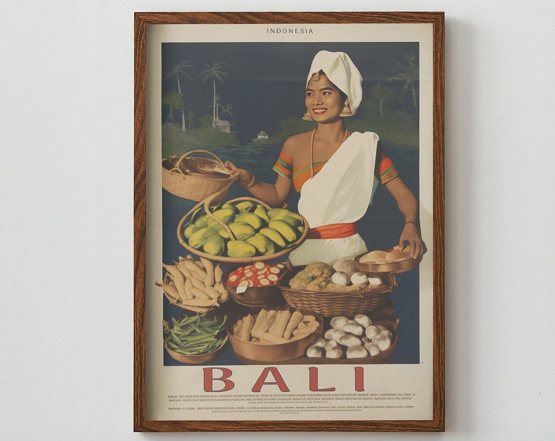 Vintage Bali Indonesia Travel Poster Tropical Fruit Market Night