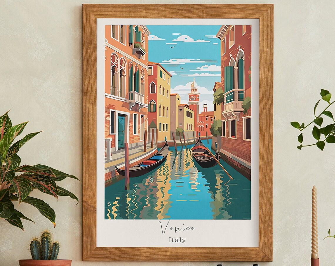 Venice Italy Grand Canal Gondolas Vintage Waterfront Travel Poster