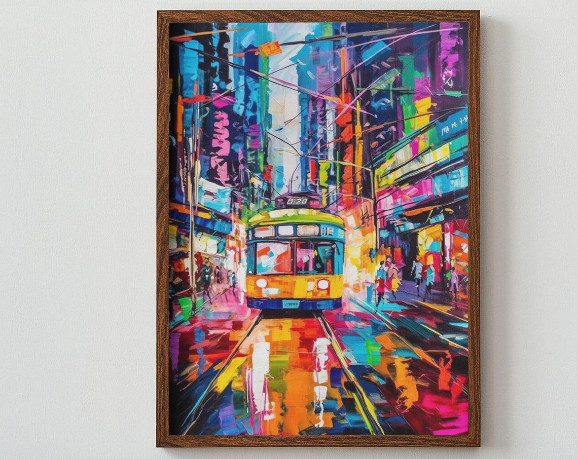 Hong Kong Tram Neon Street Night Colorful Impressionist City Poster