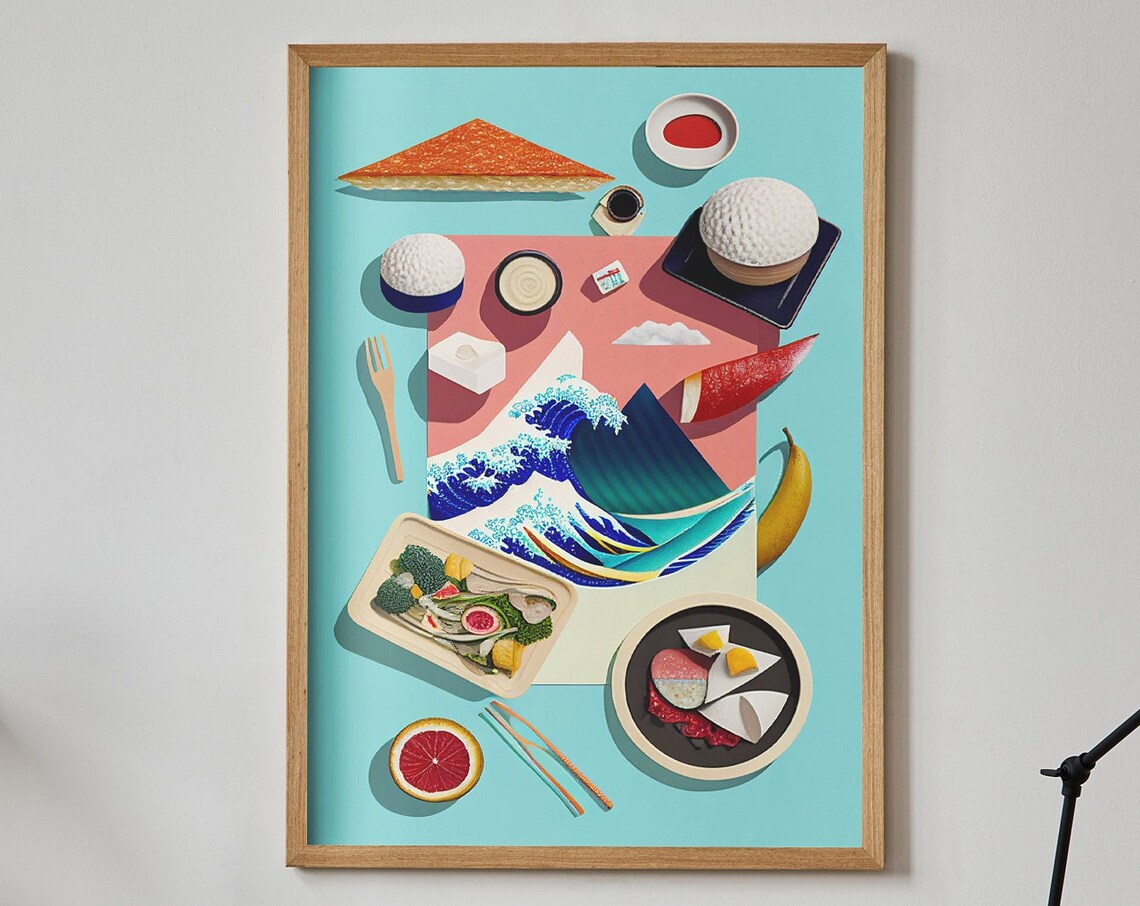 Retro Japanese Food Collage Great Wave Sushi Kitchen Art Poster