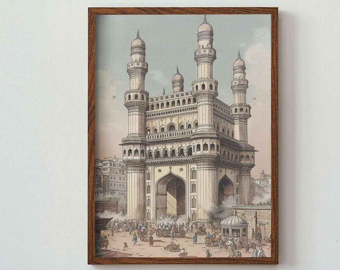 Charminar Hyderabad Vintage India Woodblock Travel Art Poster