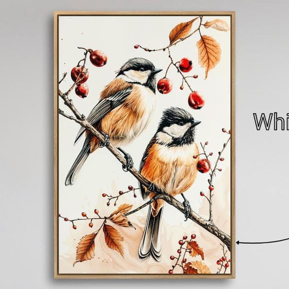 Chickadees Red Berries Autumn Leaves Watercolor Wildlife Bird Poster