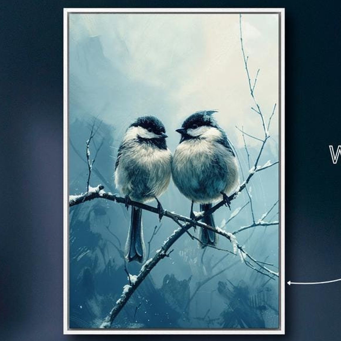 Two Chickadees Snowy Branch Winter Birds Blue Tone Painting Art Poster