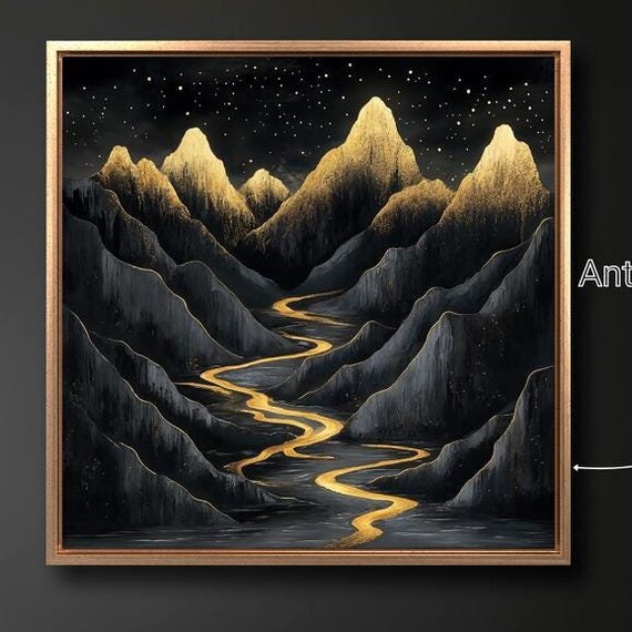 Black Mountain Peaks Golden Starry Night River Luxury Art Print