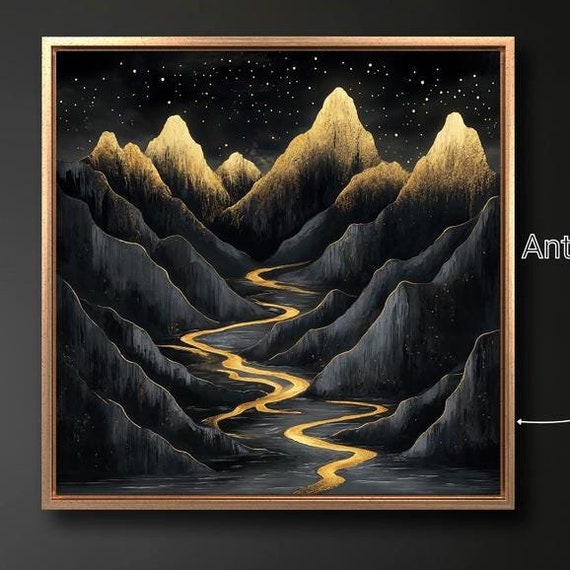 Starry Night Landscape Framed Print Golden Peaks Wall Art Black Mountains Painting Print Gold River Luxury Decor Ready To Hang