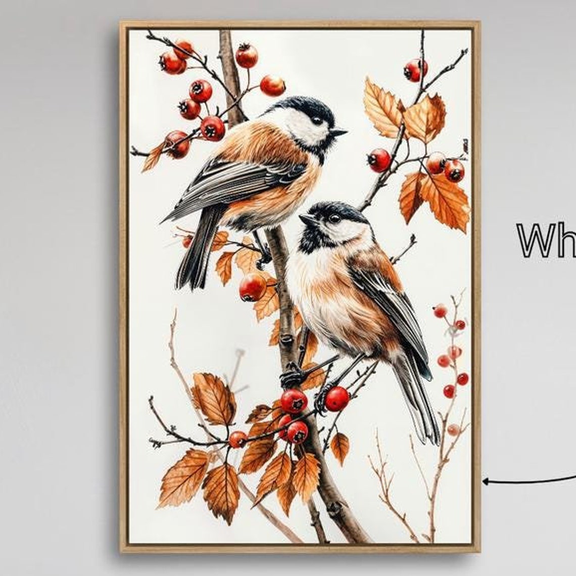 Two Black Capped Chickadees Red Berries Bird Wildlife Art Poster