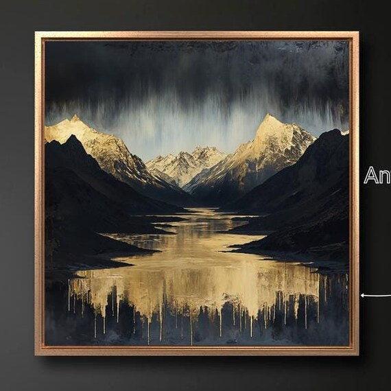 Black Mountains Framed Print Golden Peaks Wall Art Gold River Painting Print Abstract Dramatic Sky Luxury Decor Ready To Hang