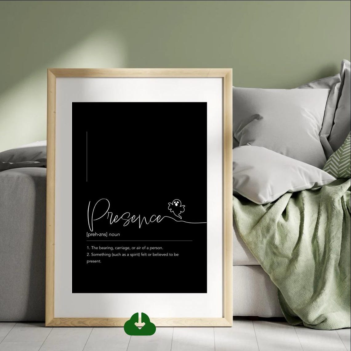 Presence Script Definition Black Background Ghost Doodle Art Poster