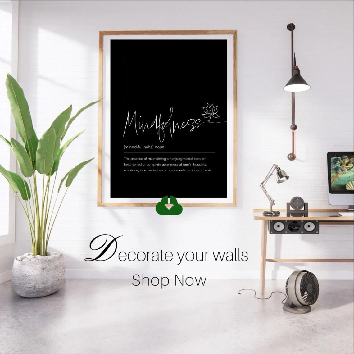Mindfulness Word Definition White Minimalist Lotus Script Wall Decor Poster - Image 2