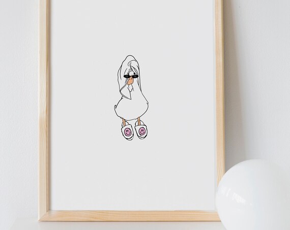 Duck in Smiley Face Slippers Shower Art Print