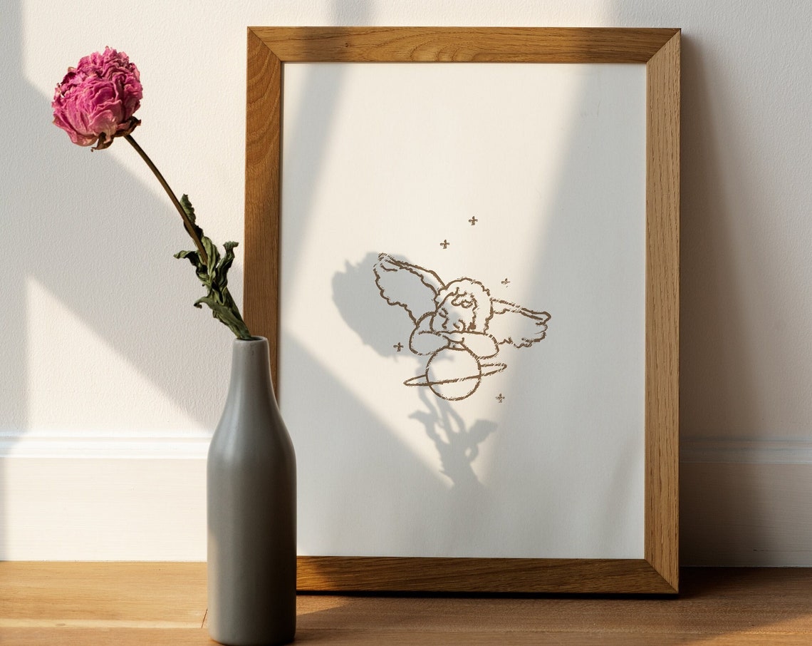 Sleeping Cherub Angel Sitting on Planet Minimalist Line Art Poster