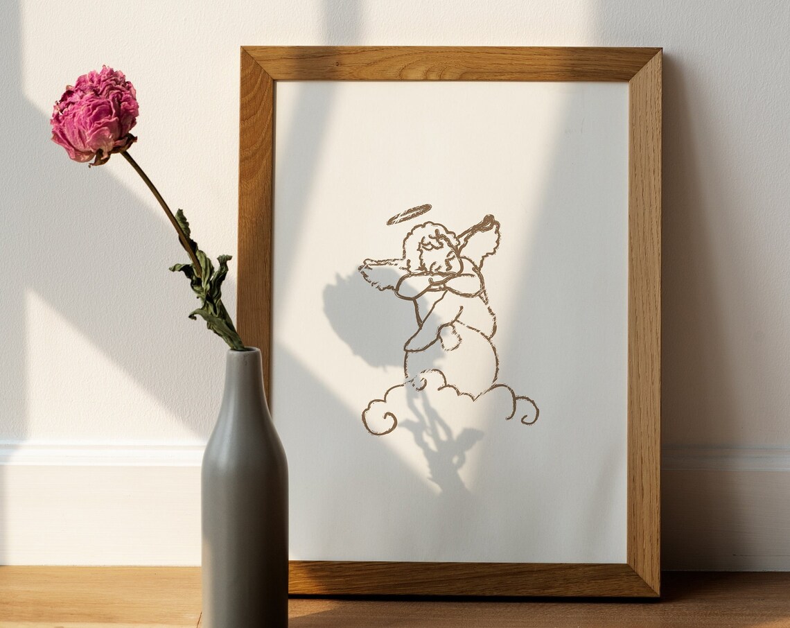 Sweet Little Cherub Angel Resting on Cloud Minimal Line Art Poster