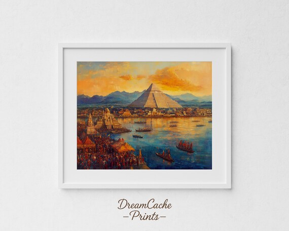 Ancient Tenochtitlan City On The Lake Golden Sunset Oil Painting Poster