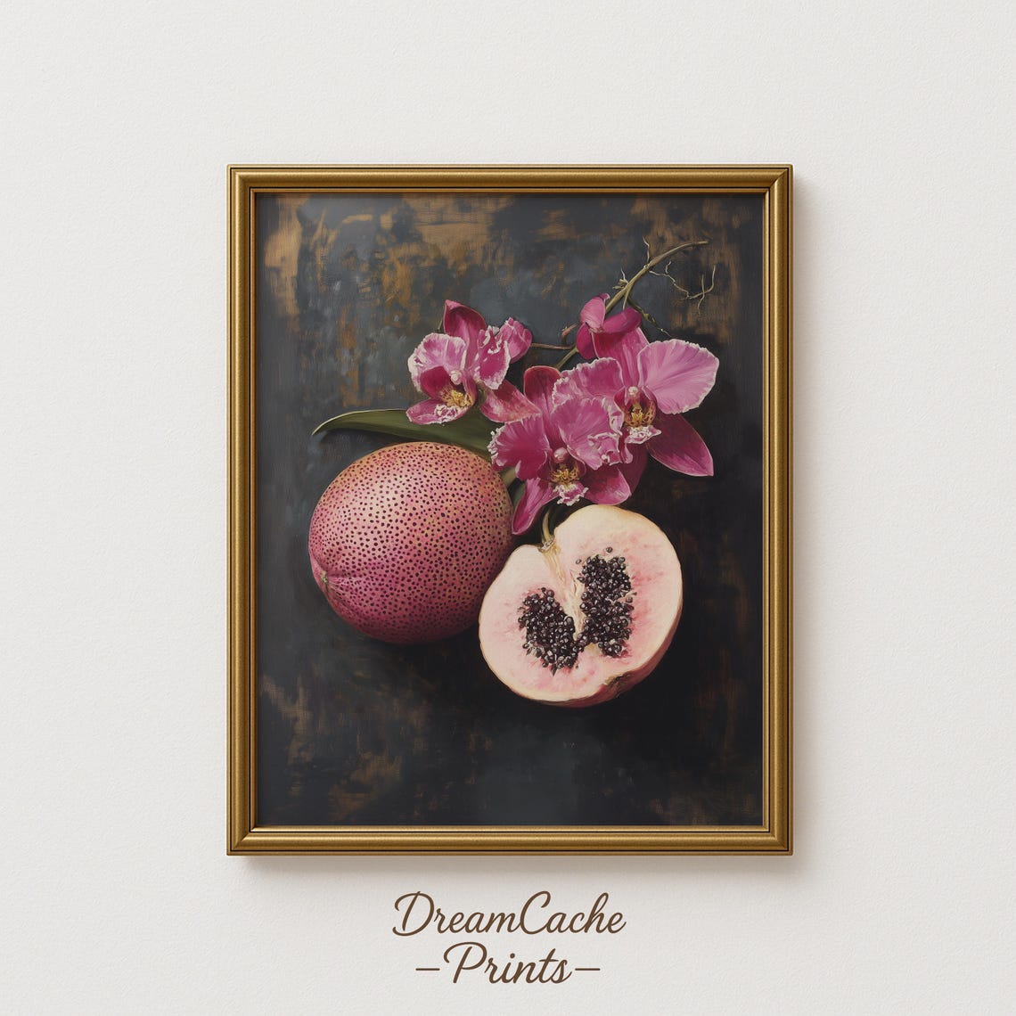 Dragonfruit And Pink Orchid Blossoms Dark Still Life Art Poster