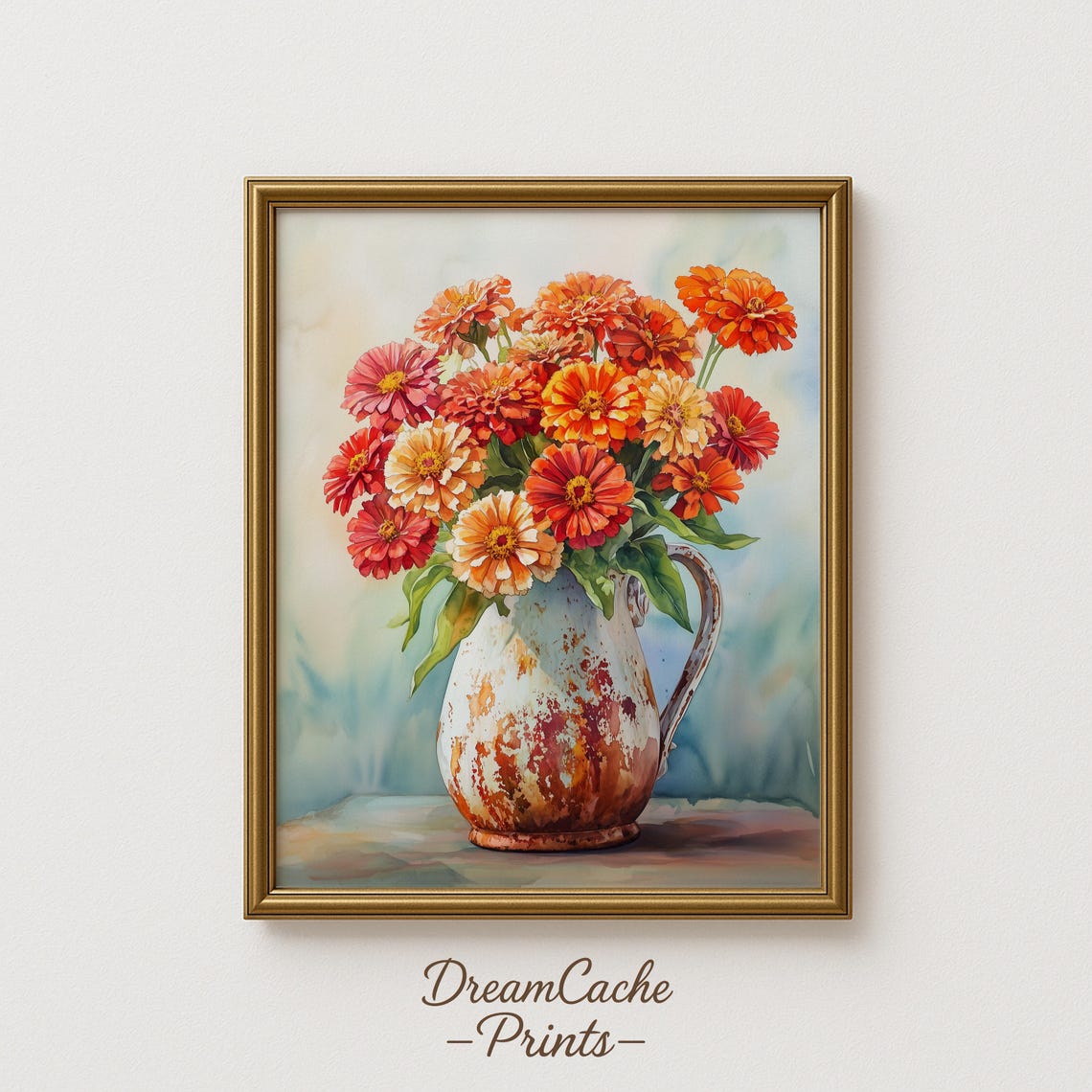 Orange and Red Zinnia Bouquet Rustic Pitcher Country Floral Poster