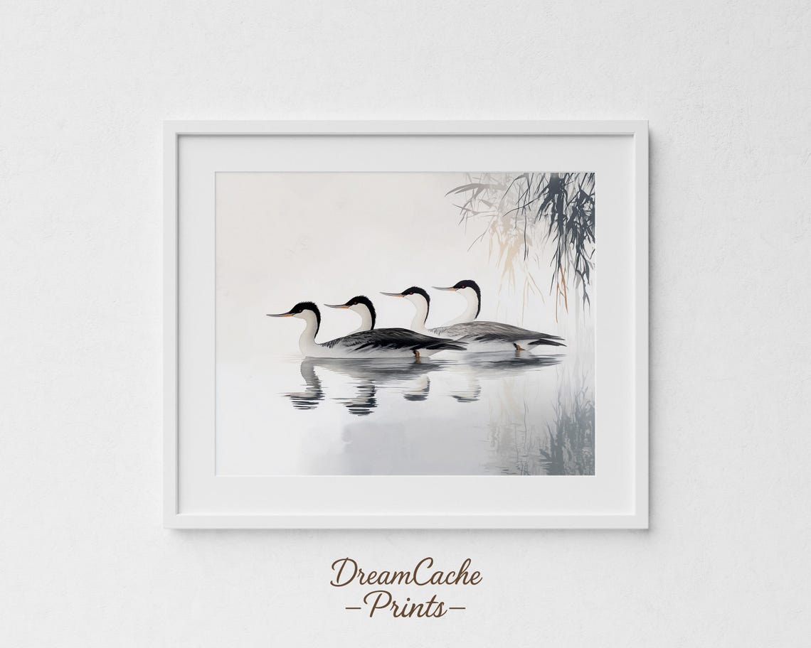 Grebes Gliding In Formation Across Misty Water Ink Bird Print
