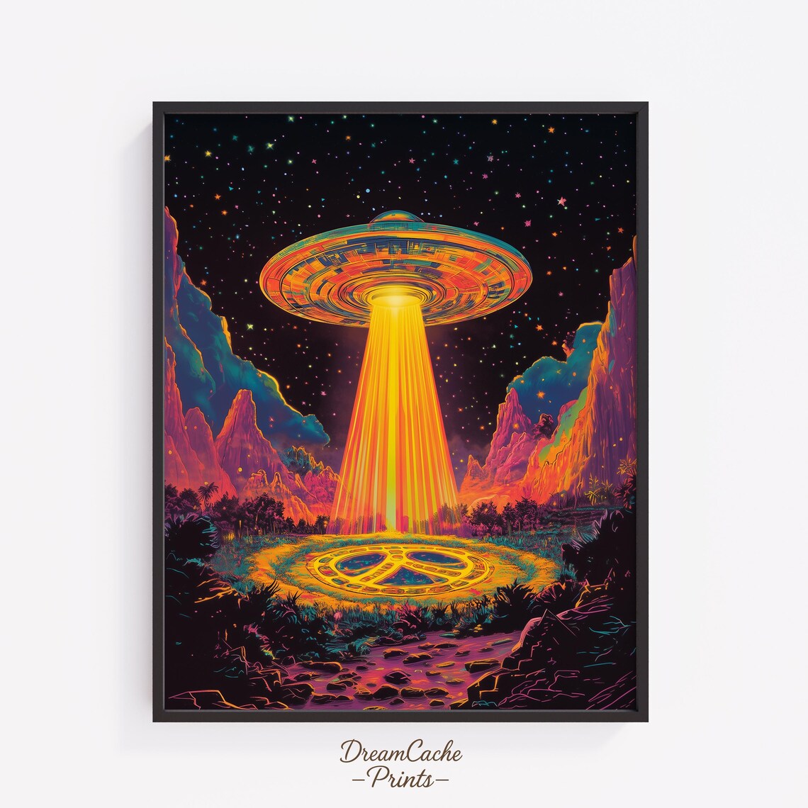 Psychedelic UFO Peace Sign Colorful Night Sky Retro Art Poster
