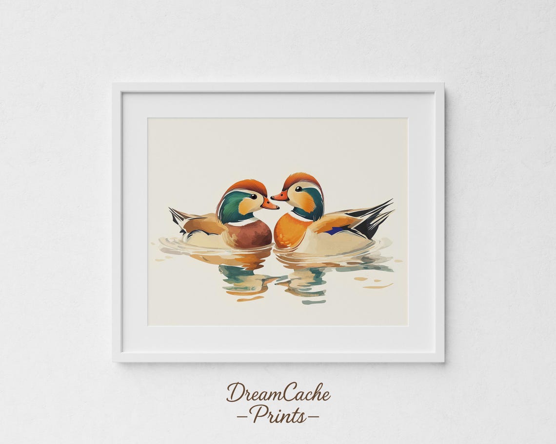 Mandarin Duck Pair Swimming Watercolor Traditional Bird Art Poster