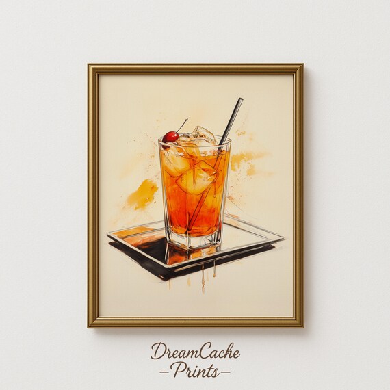 Iced Tea Glass with Cherry Watercolor Cocktail Drink Art Poster