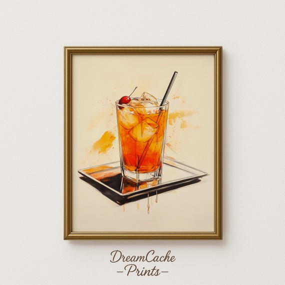 Plum Iced Tea Watercolor Art Summer Drink Ink Painting Citrus Beverage Kitchen Wall 117