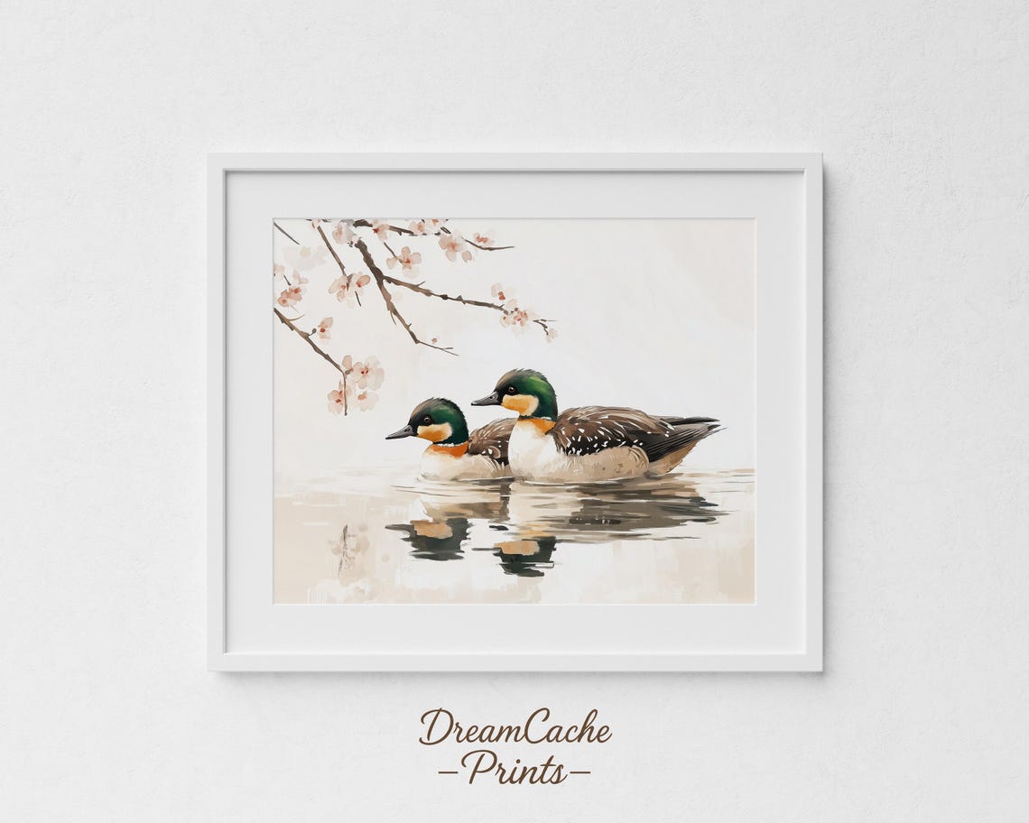Pair Of Teal Ducks Ink Wash Painting Under Cherry Blossoms Art Poster