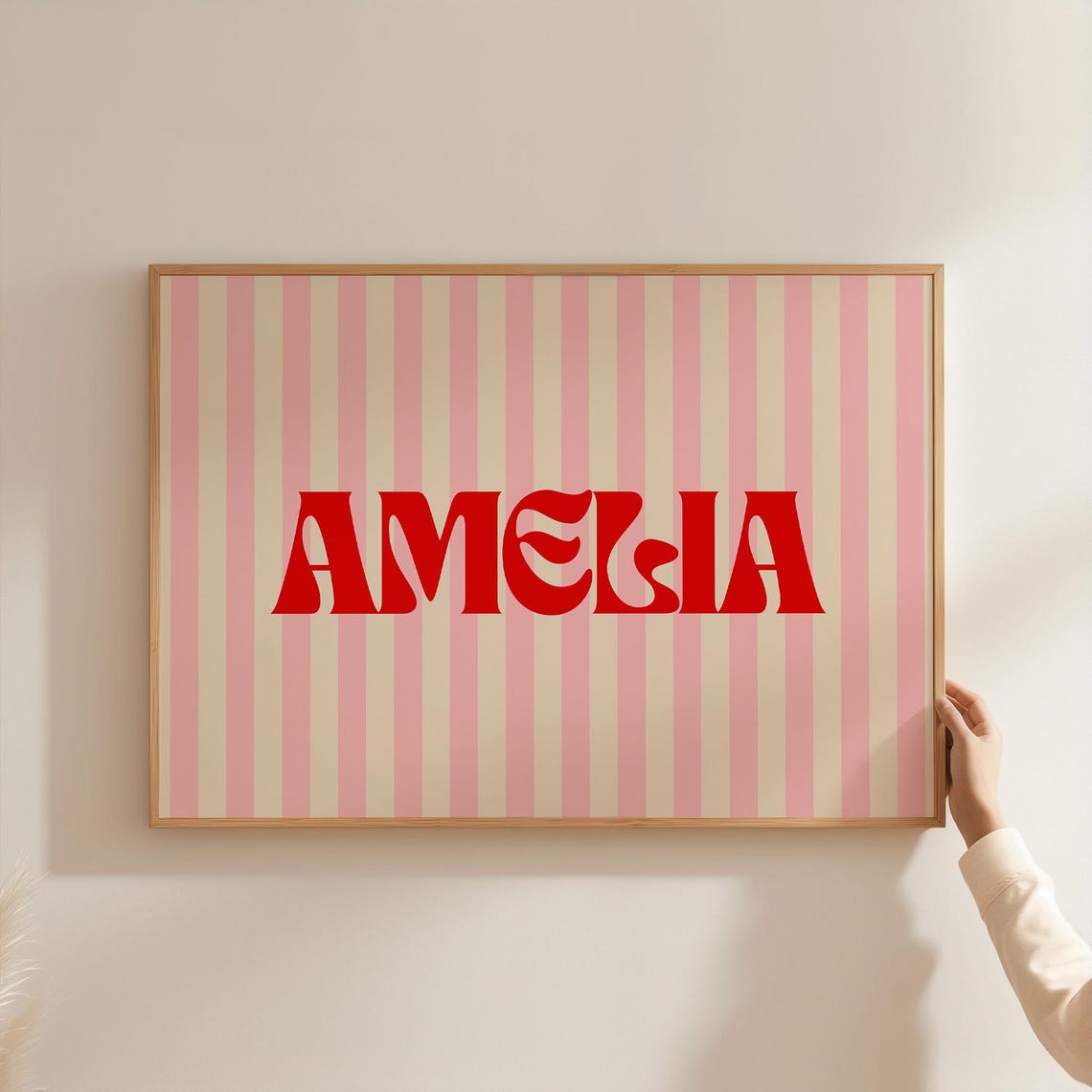 Custom Name Print Bold Red Retro Letters Pink Striped Decor Gift