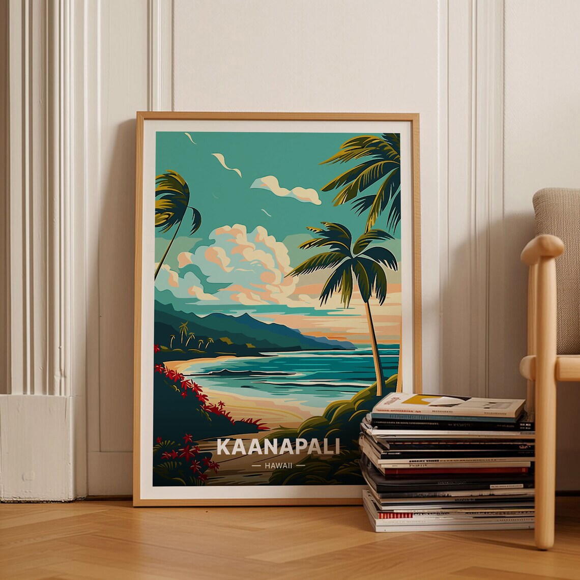 Kaanapali Hawaii Tropical Beach Palm Trees Vintage Travel Poster