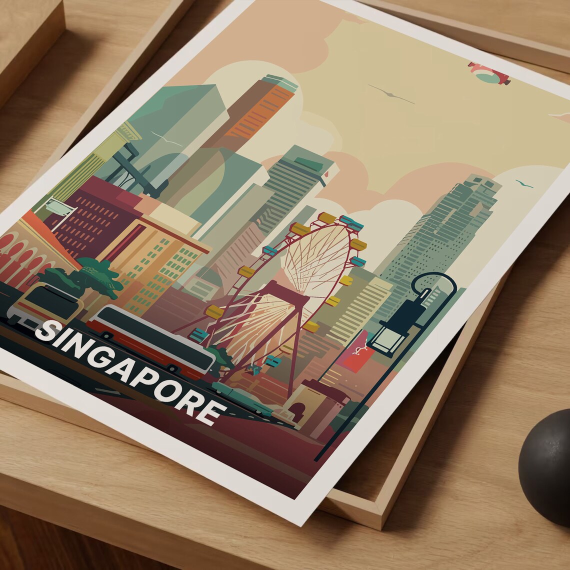 Singapore Skyline Ferris Wheel Cityscape Vintage Travel Poster - Image 3