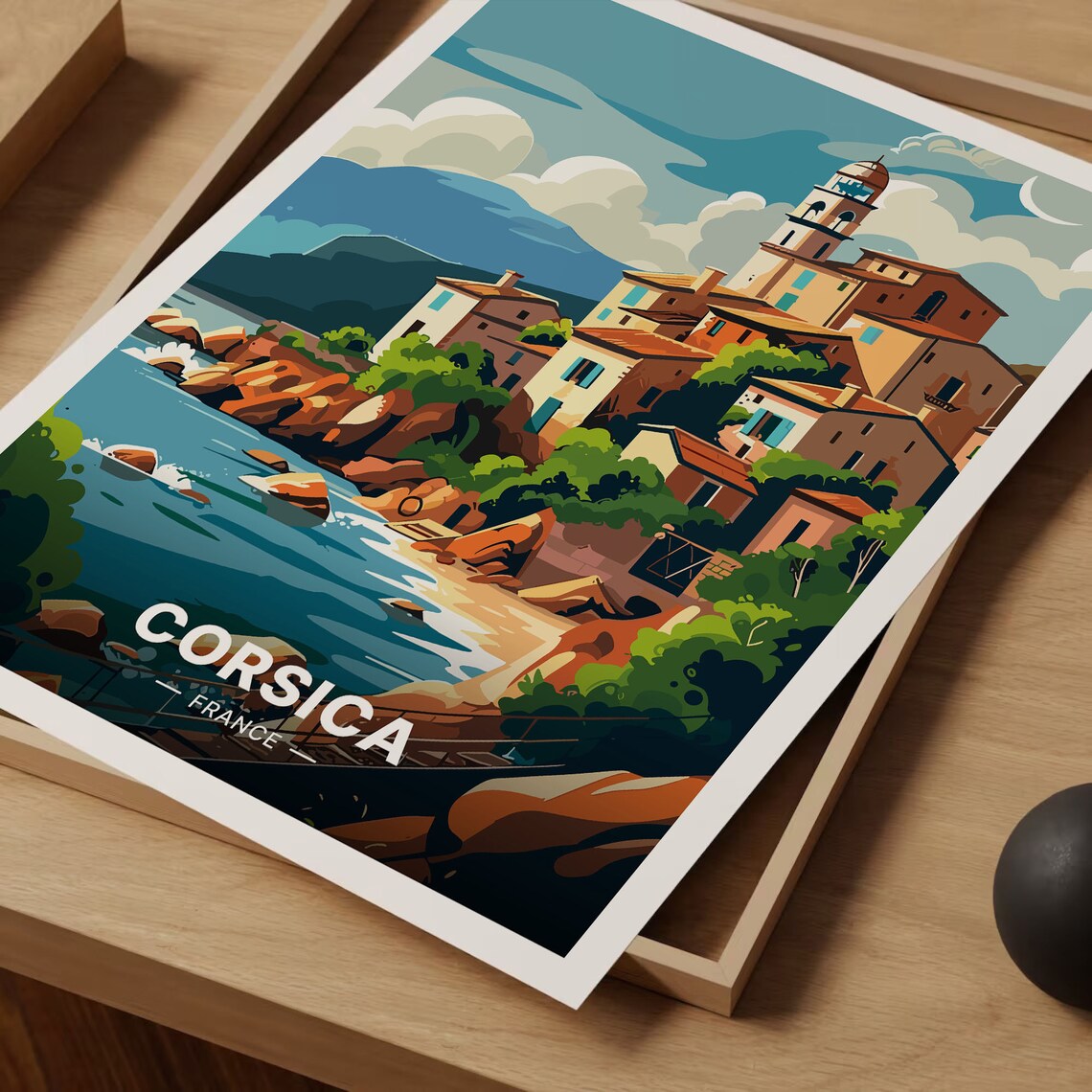 Corsica France Coastal Hilltop Village Vintage Travel Poster - Image 3