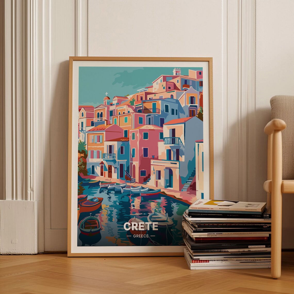 Crete Greece Colorful Harbour Town Boats Mediterranean Travel Poster