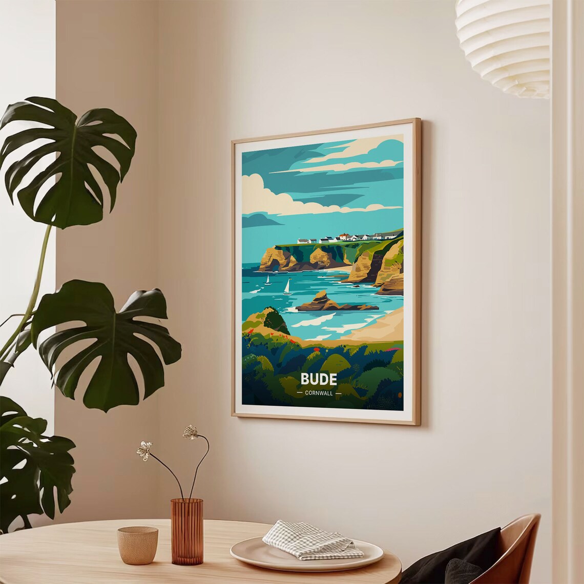 Bude Cornwall Sea Stacks Sailboats Beach Coastal Travel Poster - Image 2