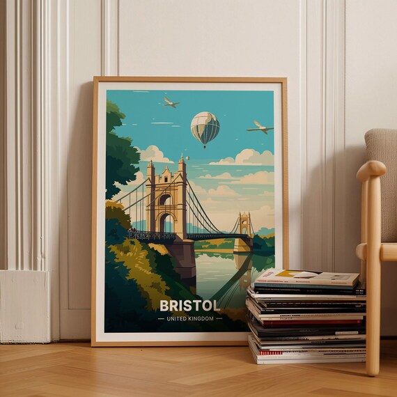 Bristol UK Suspension Bridge Hot Air Balloon Retro Travel Poster