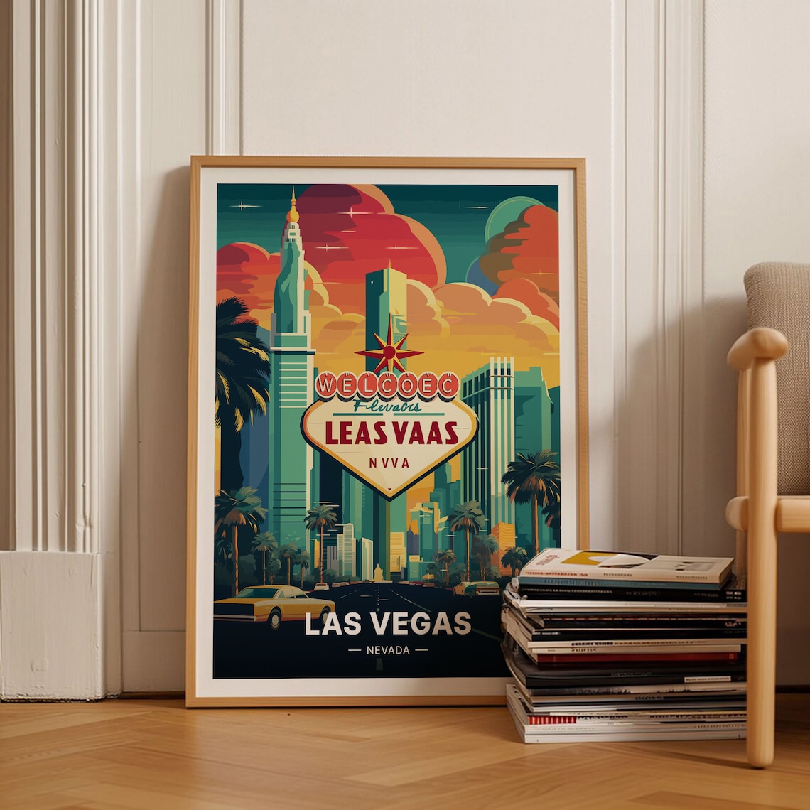 Las Vegas Nevada Welcome Sign Skyline Palms Night Travel Poster