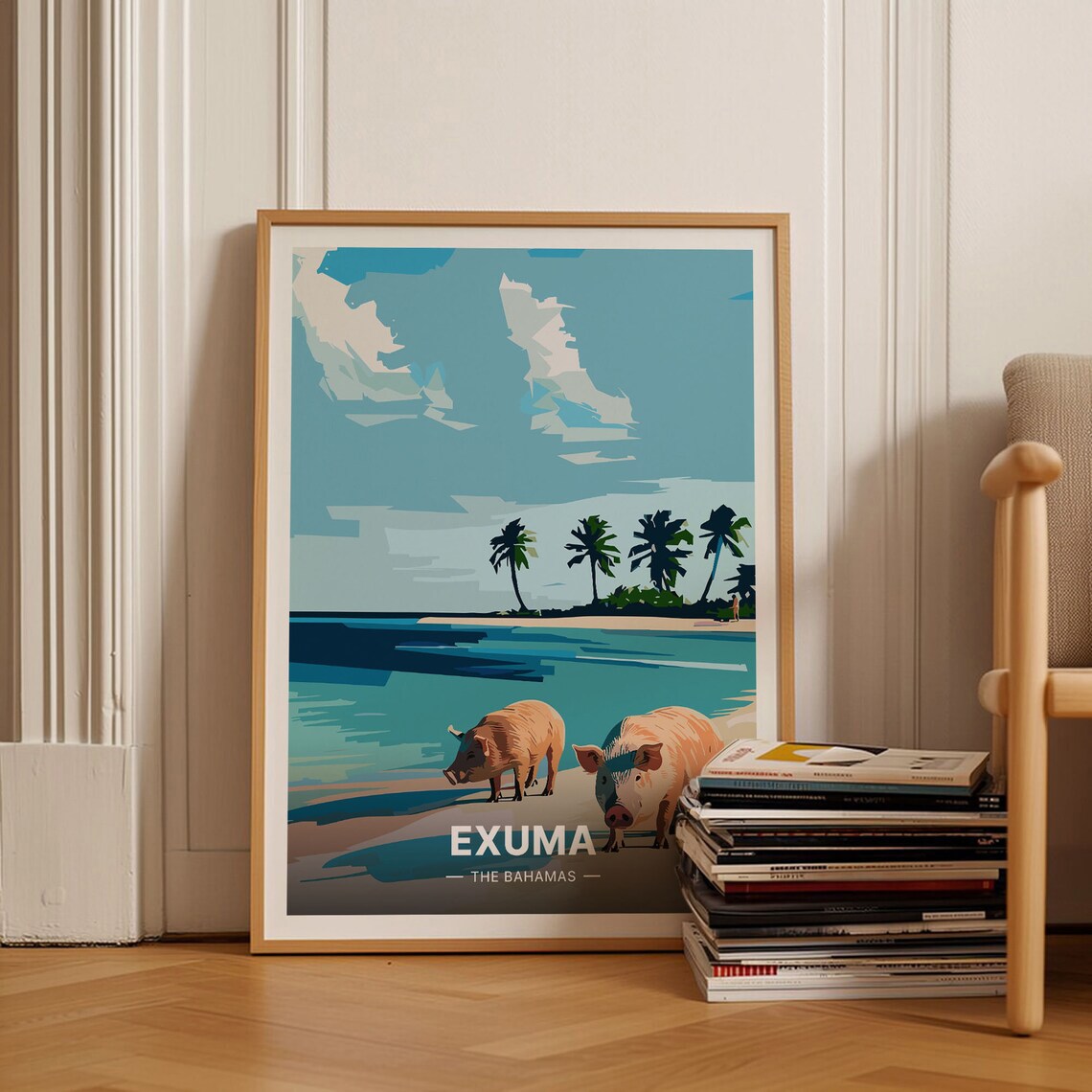 Exuma Bahamas Swimming Pigs Beach Tropical Island Vintage Poster
