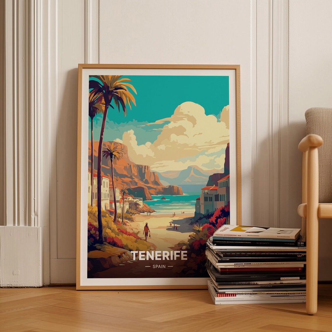 Tenerife Spain Beach Cliffs Palms Tropical Sunset Travel Poster