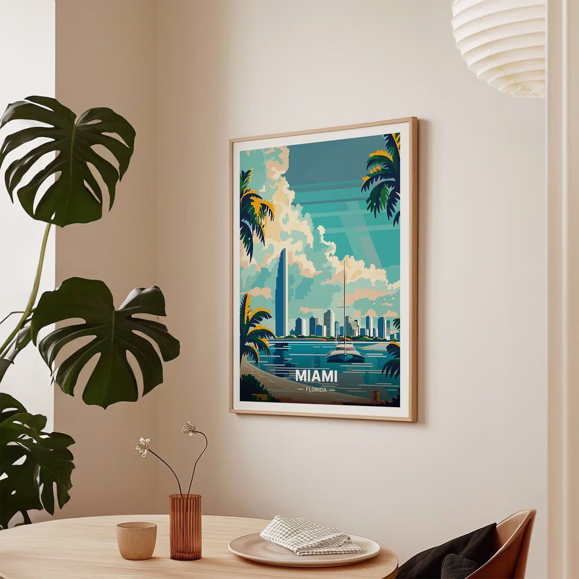 Miami Florida Beach Skyline Palm Trees Sailboat Vintage Travel Poster - Image 2