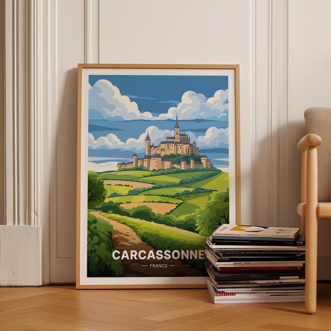 Carcassonne France Poster Medieval Citadel Rolling Green Hills Art