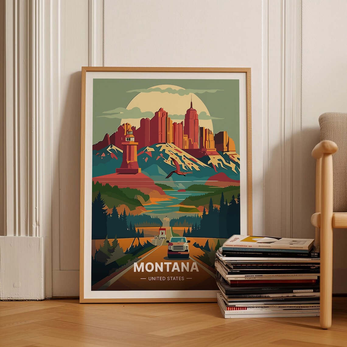 Montana Road Trip Vintage Travel Poster Mountain Highway Truck Art