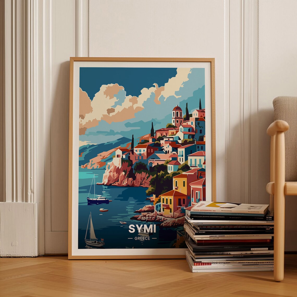 Symi Greece Colorful Harbor Hillside Sailboats Island Travel Poster