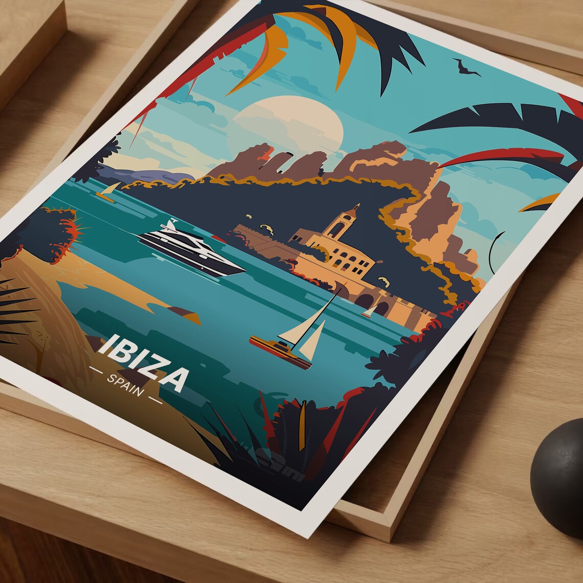 Ibiza Spain Travel Poster Boats Harbor Church Mid Century Modern Art - Image 3