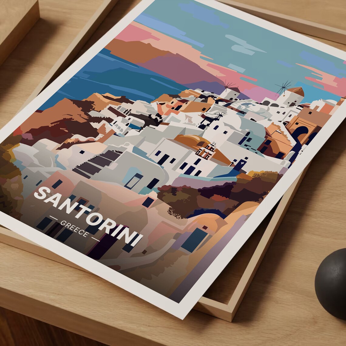 Santorini Greece Travel Poster White Village Aegean Sunset Art - Image 3