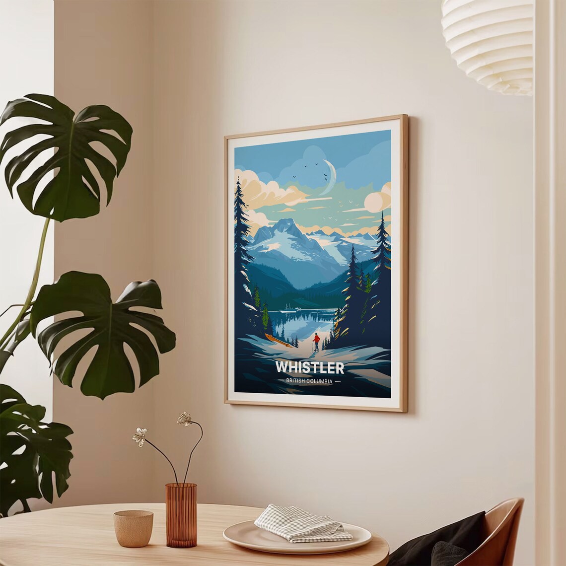 Whistler British Columbia Poster Snowy Peaks Lake Canoe Ski Art - Image 2