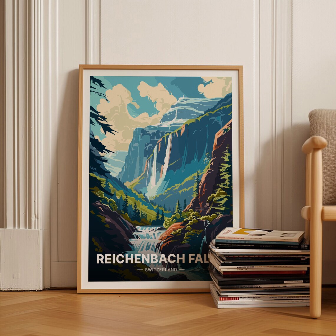 Reichenbach Falls Switzerland Waterfall Valley Vintage Travel Poster