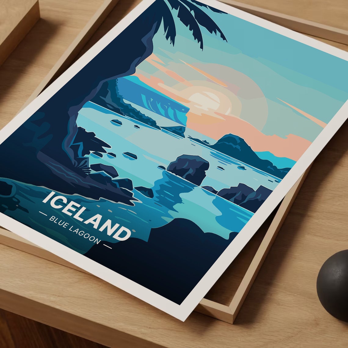 Iceland Blue Lagoon Sunset Coastal Cliffs Illustrated Travel Poster - Image 3