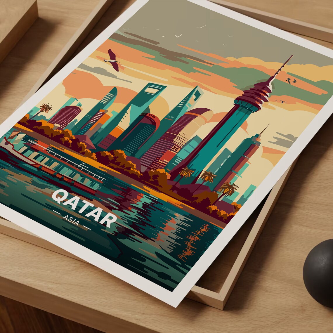 Doha Skyline Travel Poster, Mid Century Modern Decor - Image 3