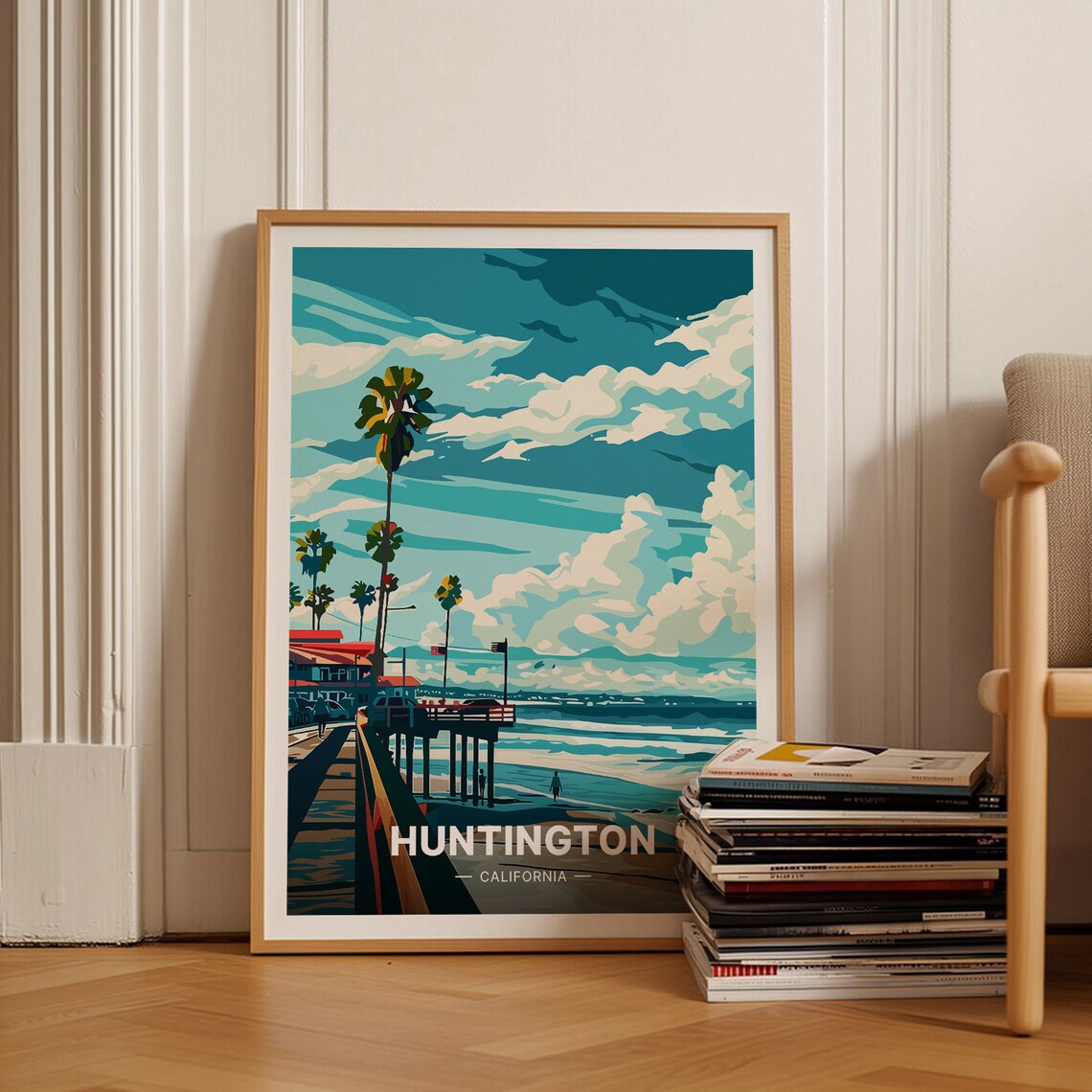 Huntington Beach Pier California Coastal Sunset Surf Travel Poster