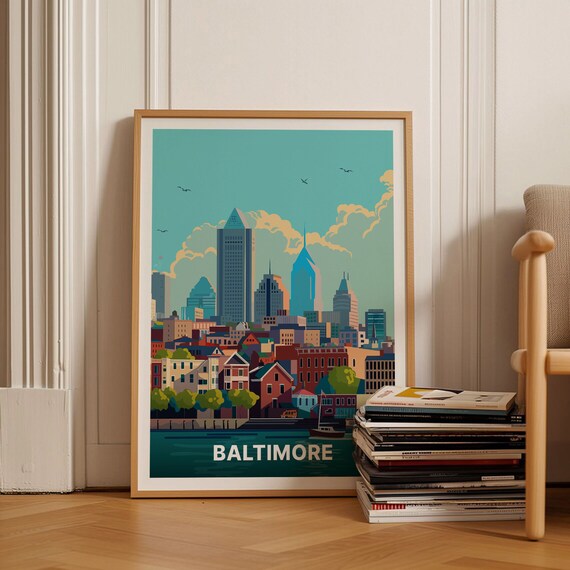 Baltimore Harbor Skyline Row Houses Retro Cityscape Travel Poster