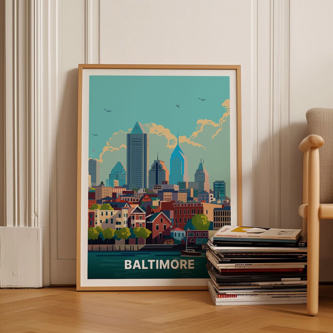 Baltimore Harbor Skyline Row Houses Retro Cityscape Travel Poster