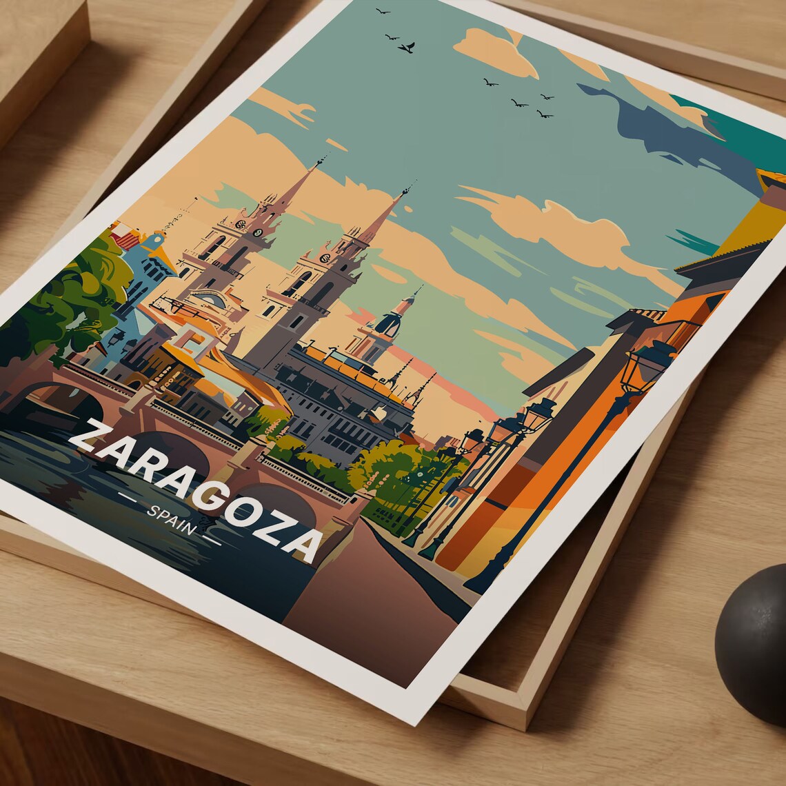 Zaragoza Spain Cathedral Towers Bridge Riverside Travel Poster - Image 3