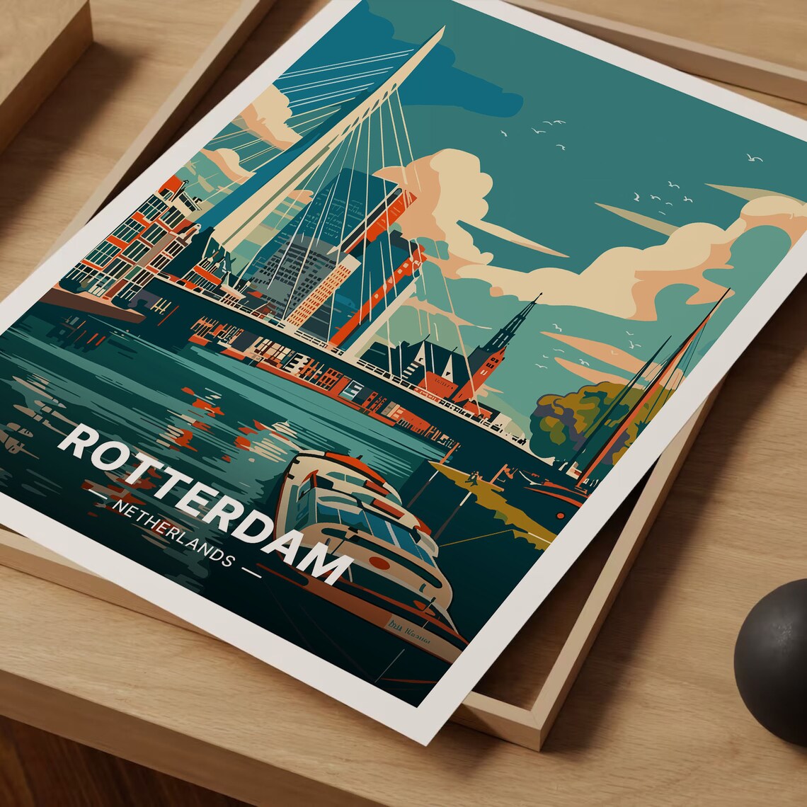 Rotterdam Netherlands Erasmus Bridge Vintage Travel Poster Cityscape Art - Image 3
